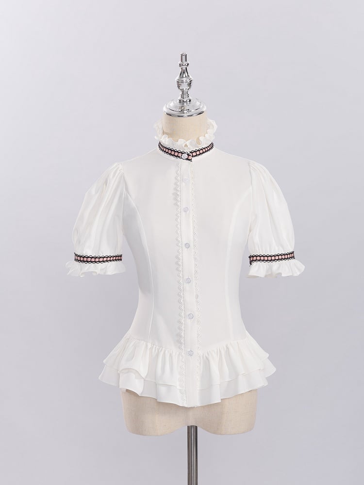 White Ruffled Neckline and Cuffs Short Sleeves Shirt
