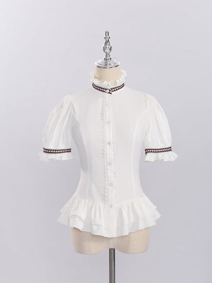 White Ruffled Neckline and Cuffs Short Sleeves Shirt