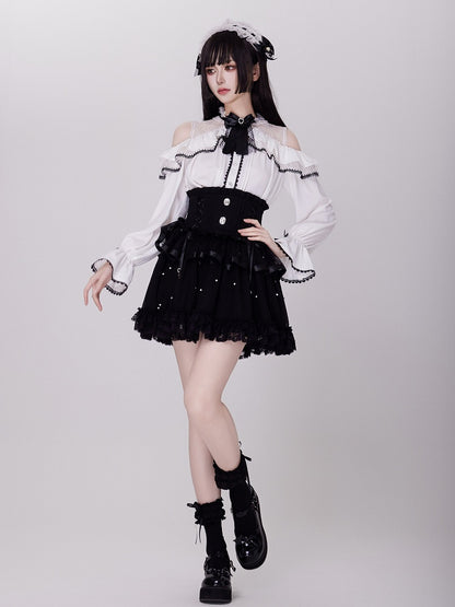 Allover Bead Black High Waist Jirai Kei Skirt with Lace Up and Shirring Waist