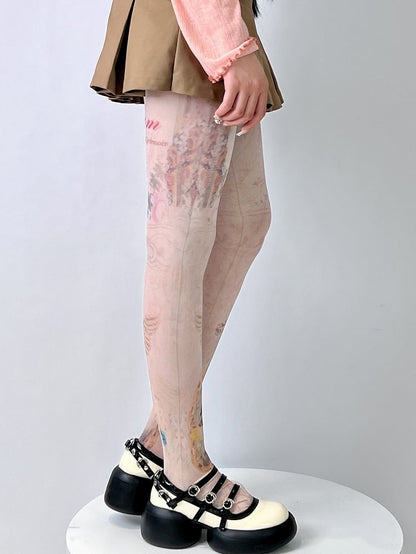 Nude Cartoon Girl And Cat Print Tights