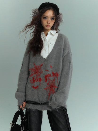 Punk Spiderwebs Gray V-neck Distressed Holes Loose Zip Cardigan with Scarf