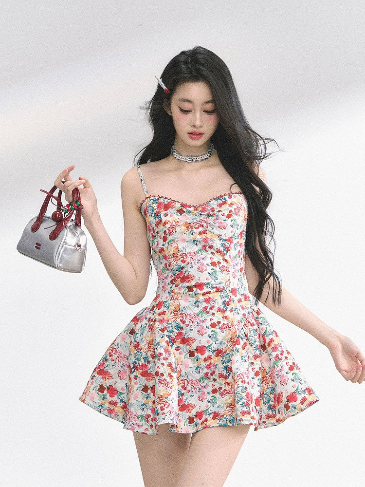Allover Floral Print Sweetheart Neckline Red Holiday Mini Slip Dress