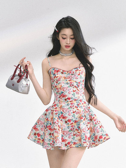 Allover Floral Print Sweetheart Neckline Red Holiday Mini Slip Dress