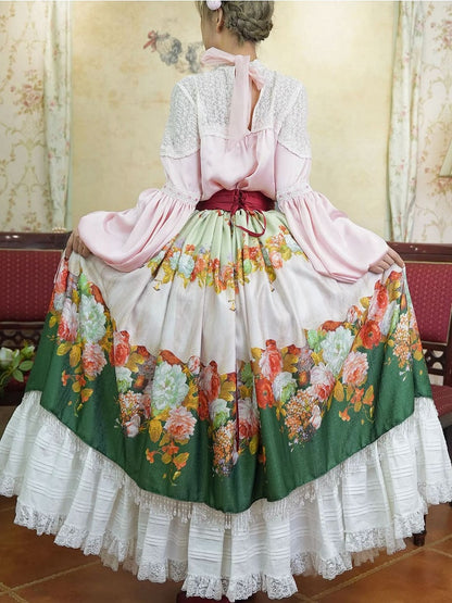 Historical Full Set- Pink Poet Blouse + Green Crystal Tassel Floral Skirt + Red Wide Belt