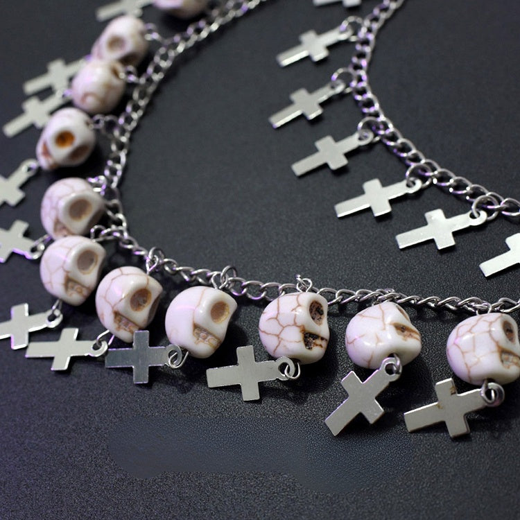 Silver Cross And Skeleton Charm Waist Chain + Black Star Details Waist Belt