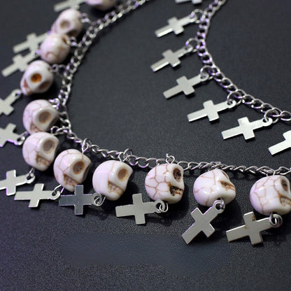 Silver Cross And Skeleton Charm Waist Chain + Black Star Details Waist Belt