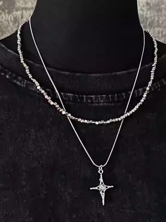 Silver Cross Pendant Double Layered Necklace