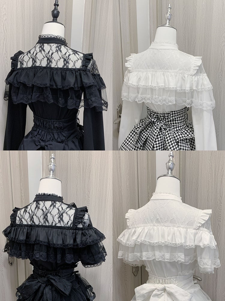 Clearance-Size M for Bust 90CM Jirai Kei White Illusion Neckline Tiered Ruffles Heart Buttons Short Sleeves Blouse with Big Bow