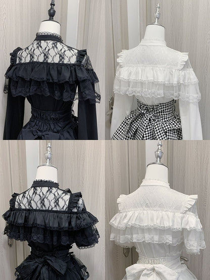 Clearance-Size M for Bust 90CM Jirai Kei White Illusion Neckline Tiered Ruffles Heart Buttons Short Sleeves Blouse with Big Bow