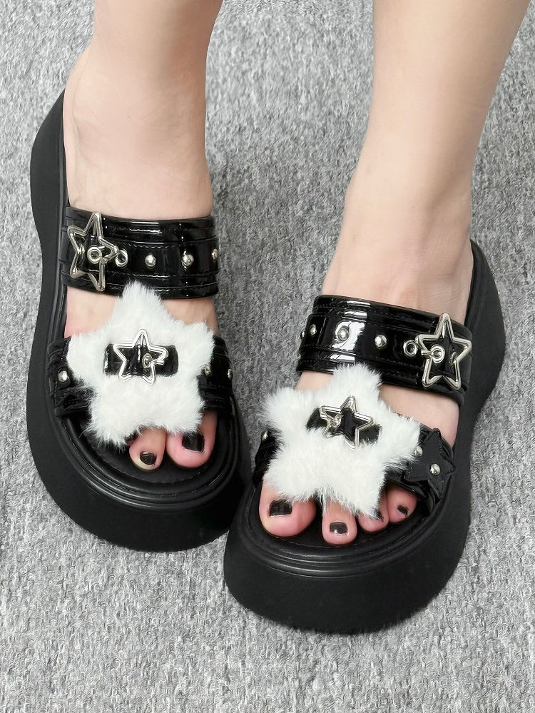 Alt-Goth Black Platform Slippers – Star Buckles, Metal Studs & White Fleece Top