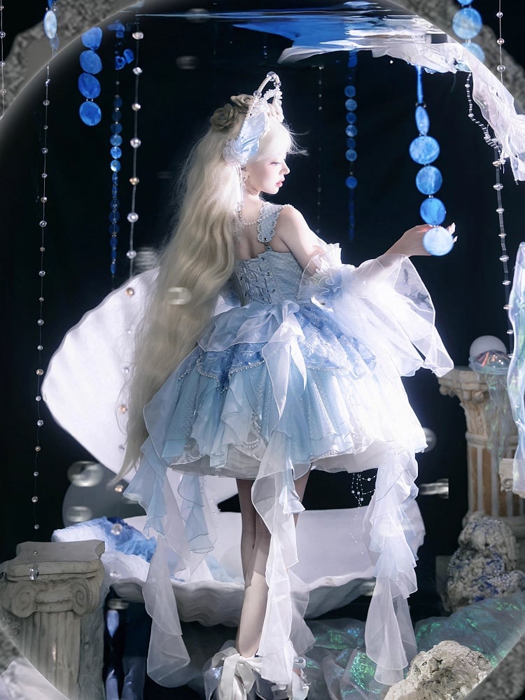 Light Blue Corset Waist Princess Lolita Beads and Sequins Detail Cascading Ruffle Accents Fairy Layered Dress