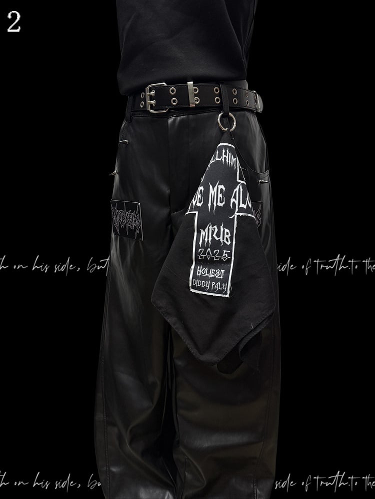 Black Punk Letter Applique Straight-leg Cut Pants