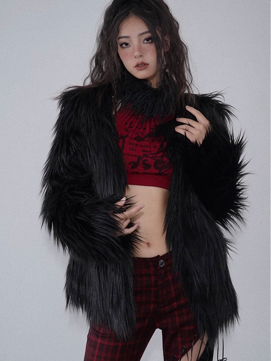 Black Punk Faux Fur Coat