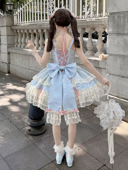 Blue Balletcore Lolita Dress Bowknots Decorated Sweet Jumper Skirt