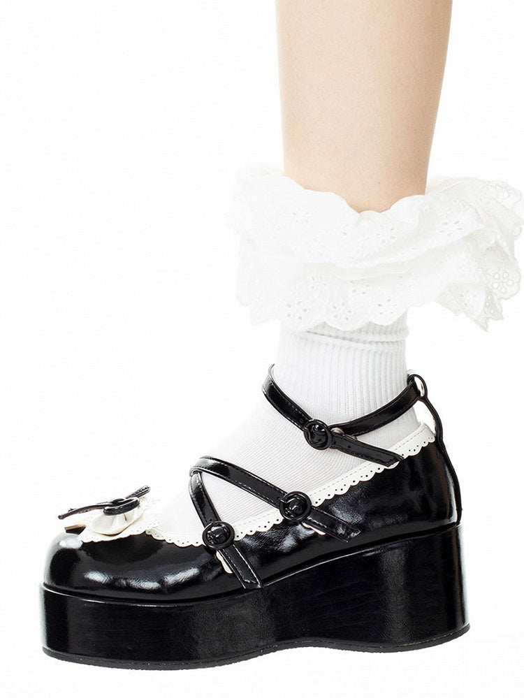 Buckle Ankle Strap Black Sweet Knotted Bow Accent Platforms