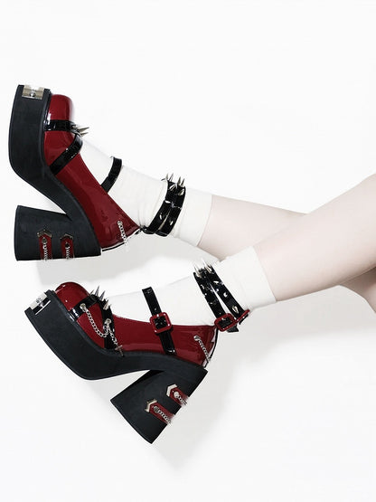Studs and Chains Red and Black Gothic Punk Platform Block High Heels Ankle Straps