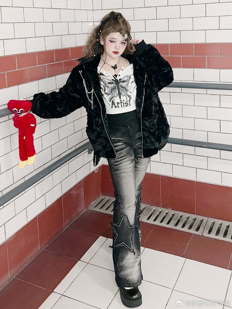 Plus Size Black Bunny Ears Y2K Hooded Coat