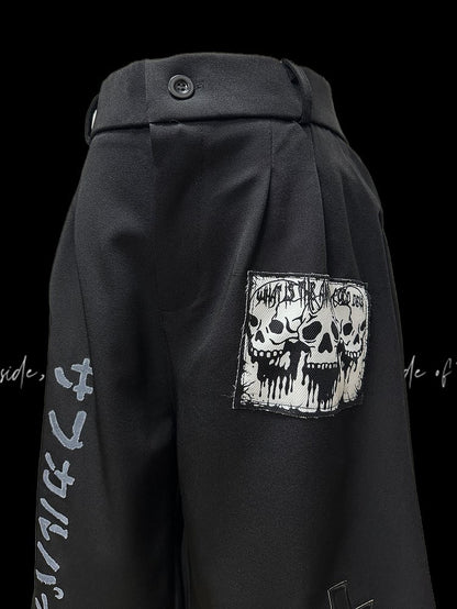 Punk Skeleton and Cross Appliques Black Wide-leg Shorts