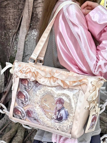 Yellow Satin Ruffle Trims Self-tie Straps Ita Bag With Bow Card Holder