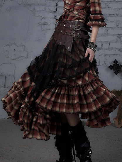 Black&Red Wasteland Punk Plaid Pattern Studs PU Waistline Asymmetrical Flounce Hem Skirt