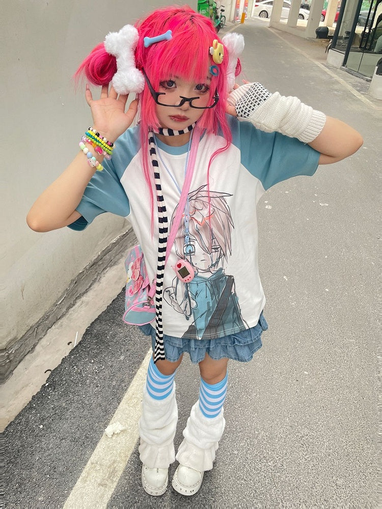 Cartoon Boy Print Blue and White T-shirt