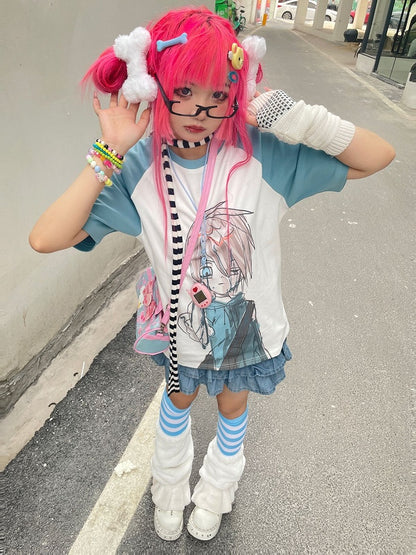 Cartoon Boy Print Blue and White T-shirt