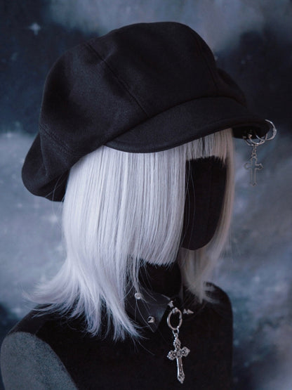 Cross Charm Black Gothic Beret