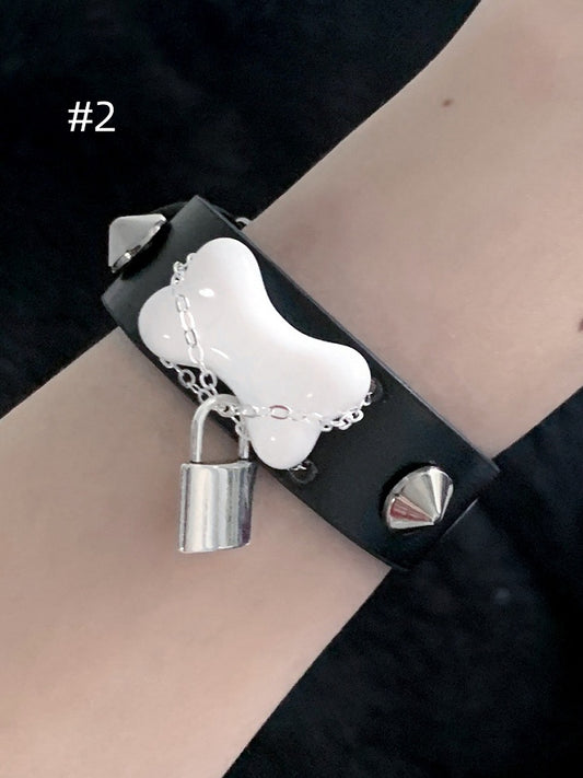 Black Punk Stud Bone Bracelet With Lock/Key Charms