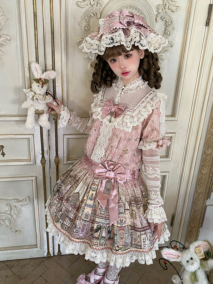 Pink Ruffle Neckline Sweet Lolita Dress with Fairytale Town Print and Lace Trim