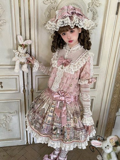 Pink Ruffle Neckline Sweet Lolita Dress with Fairytale Town Print and Lace Trim