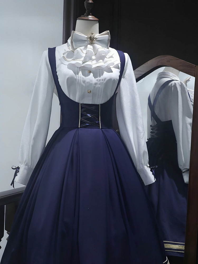 White Lace-up Cuffs Long Sleeves Shirt with Jabot Tie