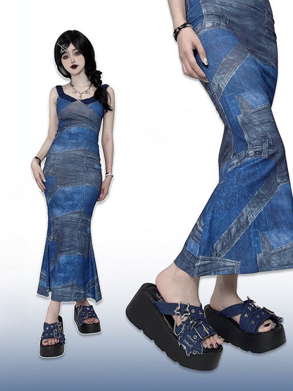 Star-shaped Buckles and Studs Blue Denim Punk Platform Slippers