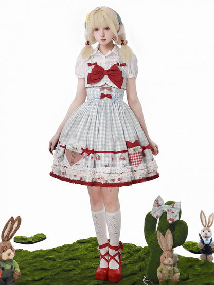Red Cherry Print Blue Gingham Dress Sweet Lolita Jumper Skirt