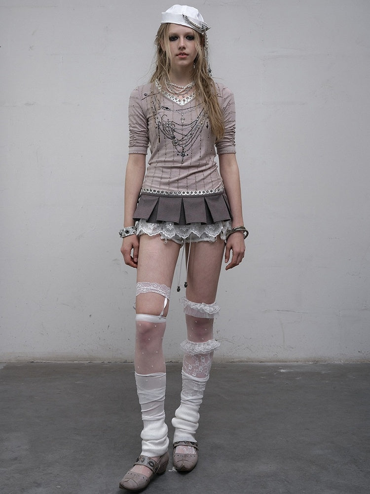 Pink/Blue Wasteland Punk V-neck Rhinestone Necklace Design Striped Pattern Long Sleeves Top