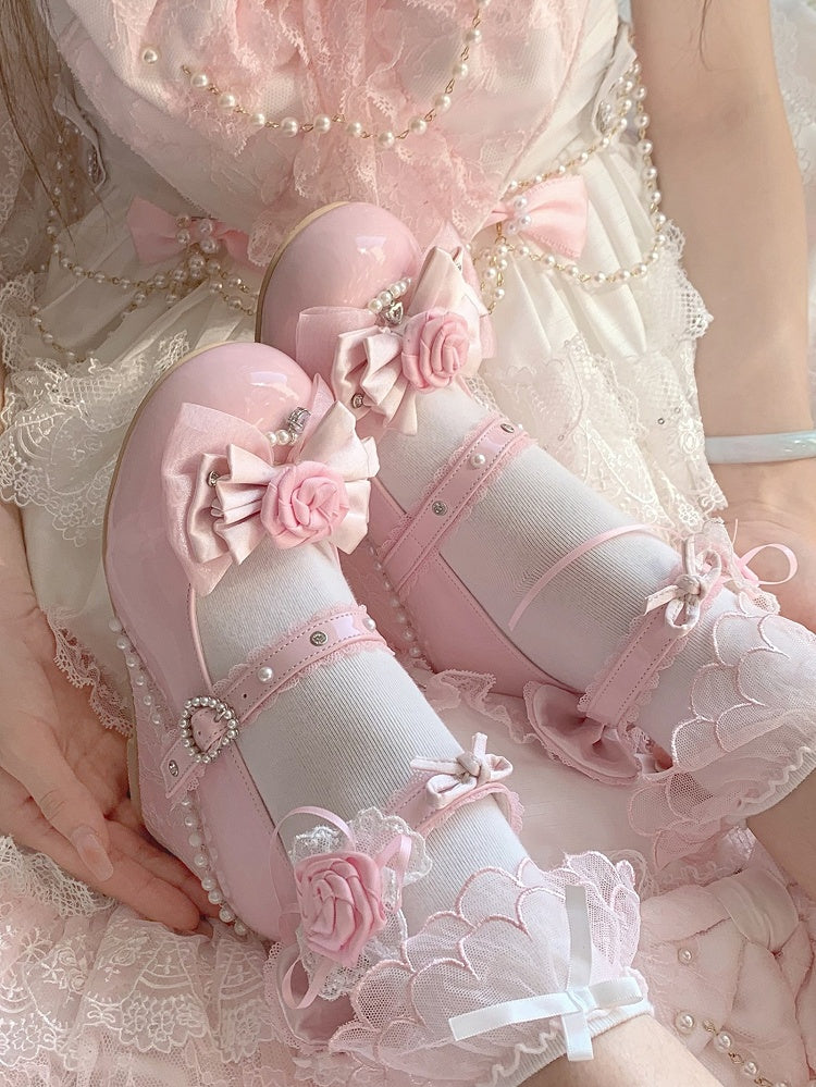 Pink Elegant Lolita Wedge Shoes in PU Leather with Removable Rose Details & Beadwork