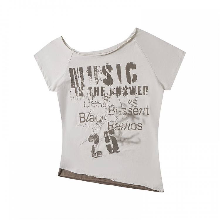 Apricot Asymmetrical Neckline Letter Print Slim-fitting T-shirt