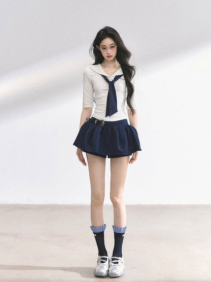 White Preppy Style Sailor Collar Slim-fitting T-shirt with Necktie Design