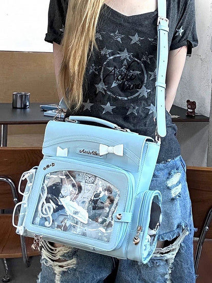 Blue 2-Way Ita Bag With Transparent Window And Bow Decoration