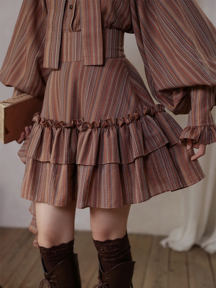 Reddish Brown Vintage Striped Pattern Tiered Ruffle Trim High Waist Skirt