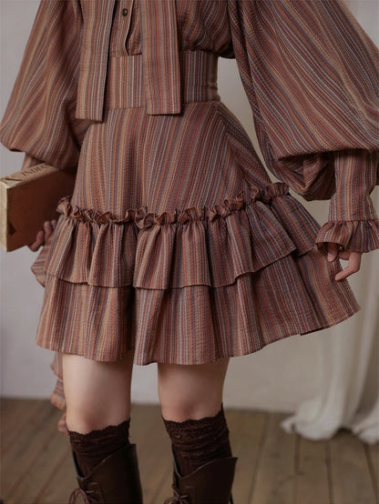 Reddish Brown Vintage Striped Pattern Tiered Ruffle Trim High Waist Skirt