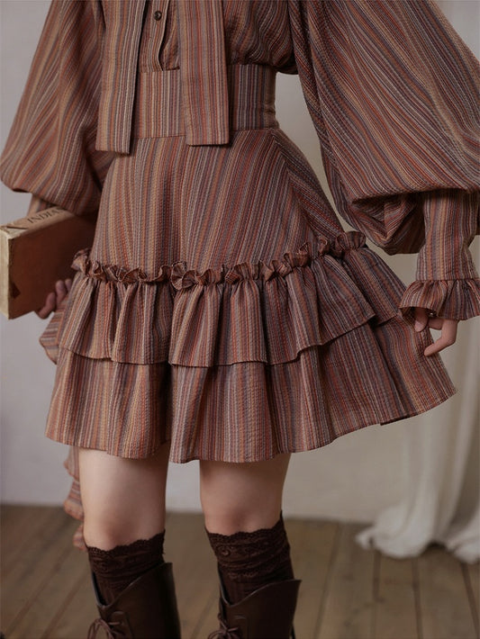 Reddish Brown Vintage Striped Pattern Tiered Ruffle Trim High Waist Skirt
