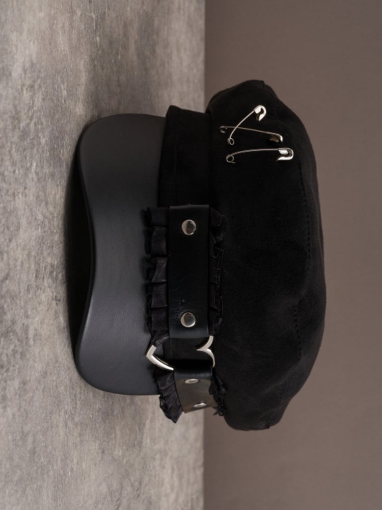 Black Gothic Pin Decorated Ruffled Trim Beret Hat