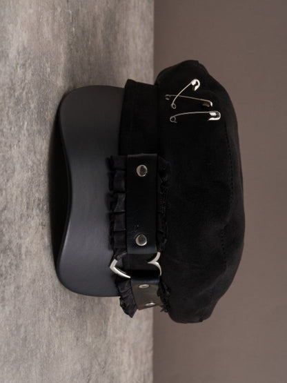 Black Gothic Pin Decorated Ruffled Trim Beret Hat