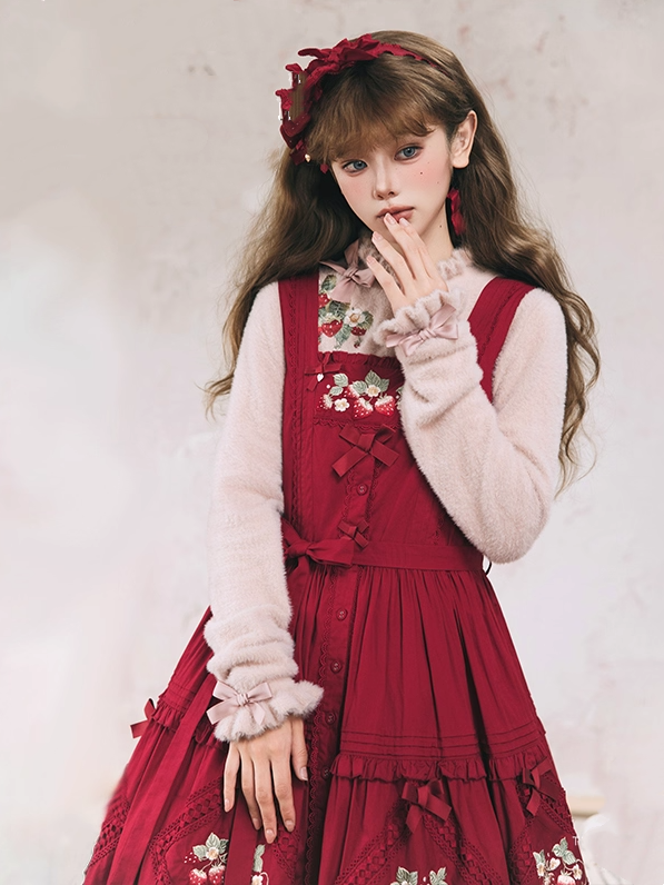 Strawberry Embroidery Neckline Bowknot on Cuffs Dusty Pink Autumn Knit Top