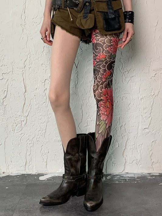 Nude Y2K Asymmetrical Design Floral Tattoo Print Tights