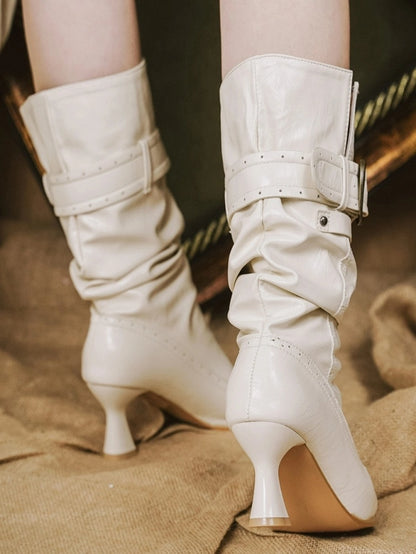 Foldable Boot Top with Stacked Design & Buckle Details PU Beige Pointed Toe High-heel Boots in Elegant Lolita