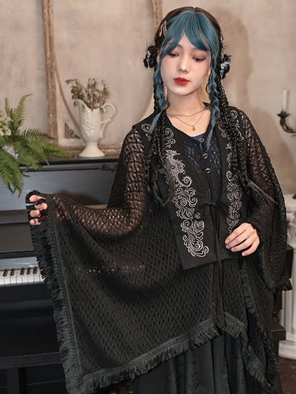 Tassel Hem Black Cheongsam Style Hollow-out Cape Cardigan with Detachable Seahorse and Coral Embroidery Collar