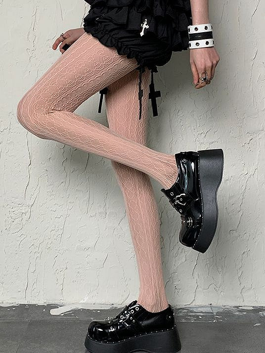 Wasteland Punk Light Pink Striped Hollow-out Design Y2K Tights