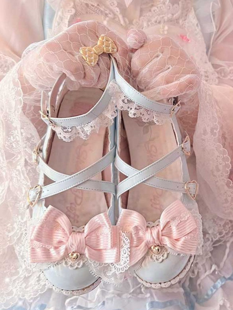 Blue Bow at Top Crisscross Design Heart Buckles Lace Trim Platforms