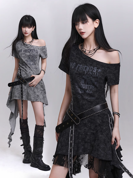 Asymmetrical Neckline Cascading Ruffles Gray/Black Tie Dye Dress with Waist Belt